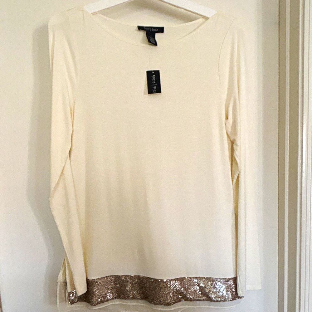 White House Black Market Cream Long Sleeve Round Neck Sequin Hem Tee S